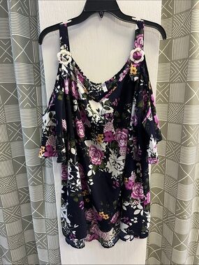 Rosegal Navy Floral Cold-Shoulder Tunic with Pink Roses